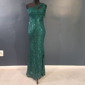 One-Shoulder Emerald Sequin Evening Gown